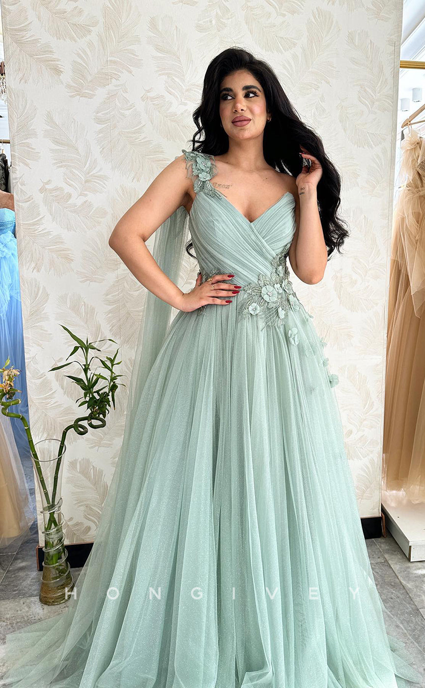 L1085 - Sparkly Floral Embossed With Train Formal Evening Party Prom Dress