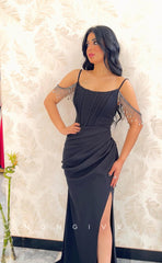 L1086 - Bead-Fringed Ruched With Train And Slit Evening Party Prom Formal Dress