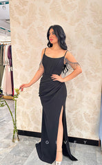 L1086 - Bead-Fringed Ruched With Train And Slit Evening Party Prom Formal Dress