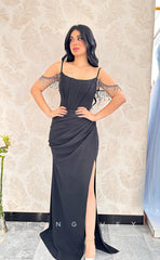 L1086 - Bead-Fringed Ruched With Train And Slit Evening Party Prom Formal Dress