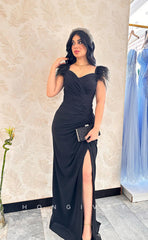 L1087 - Feathered Ruched With Train And Slit Evening Prom Formal Party Dress