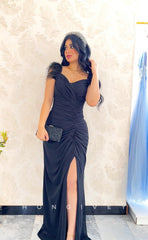 L1087 - Feathered Ruched With Train And Slit Evening Prom Formal Party Dress