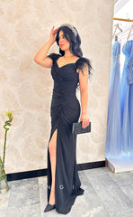 L1087 - Feathered Ruched With Train And Slit Evening Prom Formal Party Dress