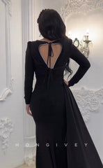 L1088 - Simple Long Sleeves Open Back Ruched With Train Prom Formal Evening Party Dress
