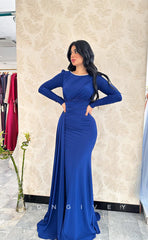 L1088 - Simple Long Sleeves Open Back Ruched With Train Prom Formal Evening Party Dress