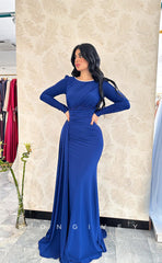 L1088 - Simple Long Sleeves Open Back Ruched With Train Prom Formal Evening Party Dress