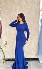 L1088 - Simple Long Sleeves Open Back Ruched With Train Prom Formal Evening Party Dress