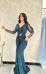 L1089 - Sequined Long Sleeves Ruched With Train Prom Formal Evening Party Dress