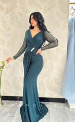 L1089 - Sequined Long Sleeves Ruched With Train Prom Formal Evening Party Dress