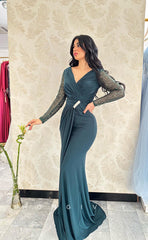 L1089 - Sequined Long Sleeves Ruched With Train Prom Formal Evening Party Dress