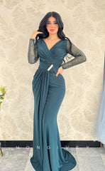 L1089 - Sequined Long Sleeves Ruched With Train Prom Formal Evening Party Dress