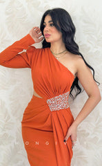 L1090 - Crystal Beaded One Sleeve Ruched With Slit Prom Evening Party Formal Dress