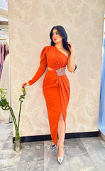 L1090 - Crystal Beaded One Sleeve Ruched With Slit Prom Evening Party Formal Dress