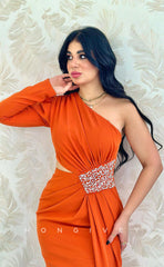 L1090 - Crystal Beaded One Sleeve Ruched With Slit Prom Evening Party Formal Dress