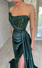 L1092 - Bead-Fringed Strapless Sheer With Train And Slit Evening Party Formal Prom Dress