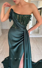 L1092 - Bead-Fringed Strapless Sheer With Train And Slit Evening Party Formal Prom Dress