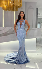 L1101 - Fully Sequined Cutout Mermaid With Train Party Prom Evening Formal Dress