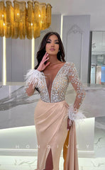 L1106 - Crystal Beaded Feathered Sheer Plunging Illusion With Train And Slit Evening Formal Party Prom Dress