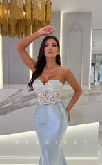 L1107 - Illusion Crystal Beaded Strapless Trumpet With Train Evening Formal Party Prom Dress