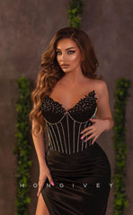L1138 - Crystal Beaded Strapless With Train And Slit Formal Party Prom Evening Dress