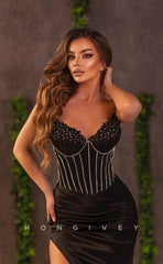 L1138 - Crystal Beaded Strapless With Train And Slit Formal Party Prom Evening Dress