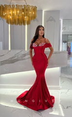 L1142 - Crystal Beaded Ruched Mermaid With Train Formal Party Prom Evening Dress