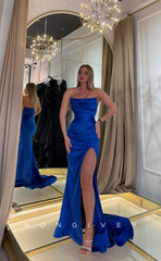 L1151 - Simple Strapless With Train And Slit Evening Party Prom Formal Dress