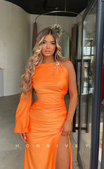 L1153 - Crystal Beaded One Shoulder With Train And Slit Evening Party Prom Formal Dress