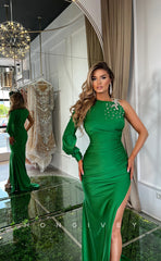L1154 - Crystal Beaded One Shoulder With Train And Slit Evening Formal Party Prom Dress