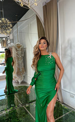 L1154 - Crystal Beaded One Shoulder With Train And Slit Evening Formal Party Prom Dress