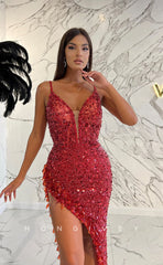 L1157 - Sparkly Fully Sequined Plunging Illusion With Slit Formal Party Prom Evening Dress
