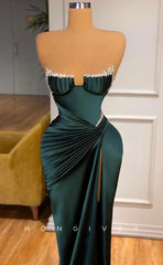 L1159 - Crystal Beaded Ruched Mermaid With Train And Slit Party Prom Evening Formal Dress