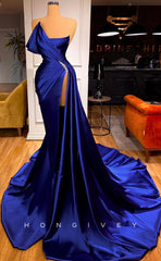 L1163 - Crystal Beaded Ruched Asymmetrical Strapless With Train And Slit Formal Party Prom Evening Dress
