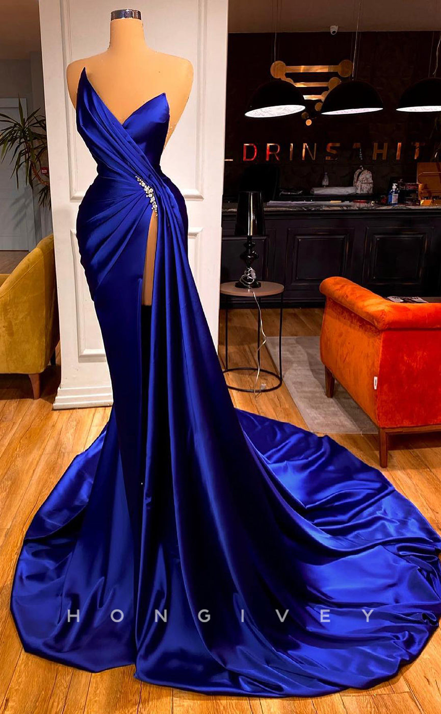 L1166 - Crystal Beaded Strapless Ruched With Train And Slit Evening Formal Party Prom Dress