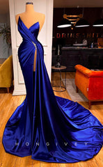 L1166 - Crystal Beaded Strapless Ruched With Train And Slit Evening Formal Party Prom Dress