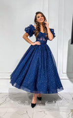 L1171 - Sparkly Puff Sleeves Belt Illusion Princess Party Prom Evening Formal Dress