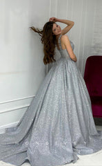 L1174 - Sparkly Illusion Ruched With Train Princess Formal Party Prom Evening Dress