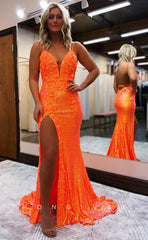 L1179 - Sparkly Floral Embossed Plunging Illusion With Train And Slit Party Prom Formal Evening Dress