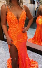L1179 - Sparkly Floral Embossed Plunging Illusion With Train And Slit Party Prom Formal Evening Dress