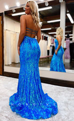 L1180 - Sparkly Floral Appliqued Lace-Up Back With Train Formal Evening Party Prom Dress