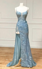 L1182 - Fully Sequined Lace Embroidered Plunging Illusion With Train And Slit Evening Party Prom Formal Dress