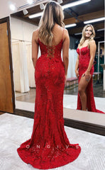 L1182 - Fully Sequined Lace Embroidered Plunging Illusion With Train And Slit Evening Party Prom Formal Dress
