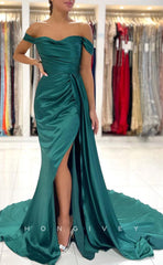 L1183 - Simple Ruched With Train And Slit Evening Formal Party Prom Dress