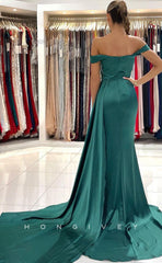 L1183 - Simple Ruched With Train And Slit Evening Formal Party Prom Dress