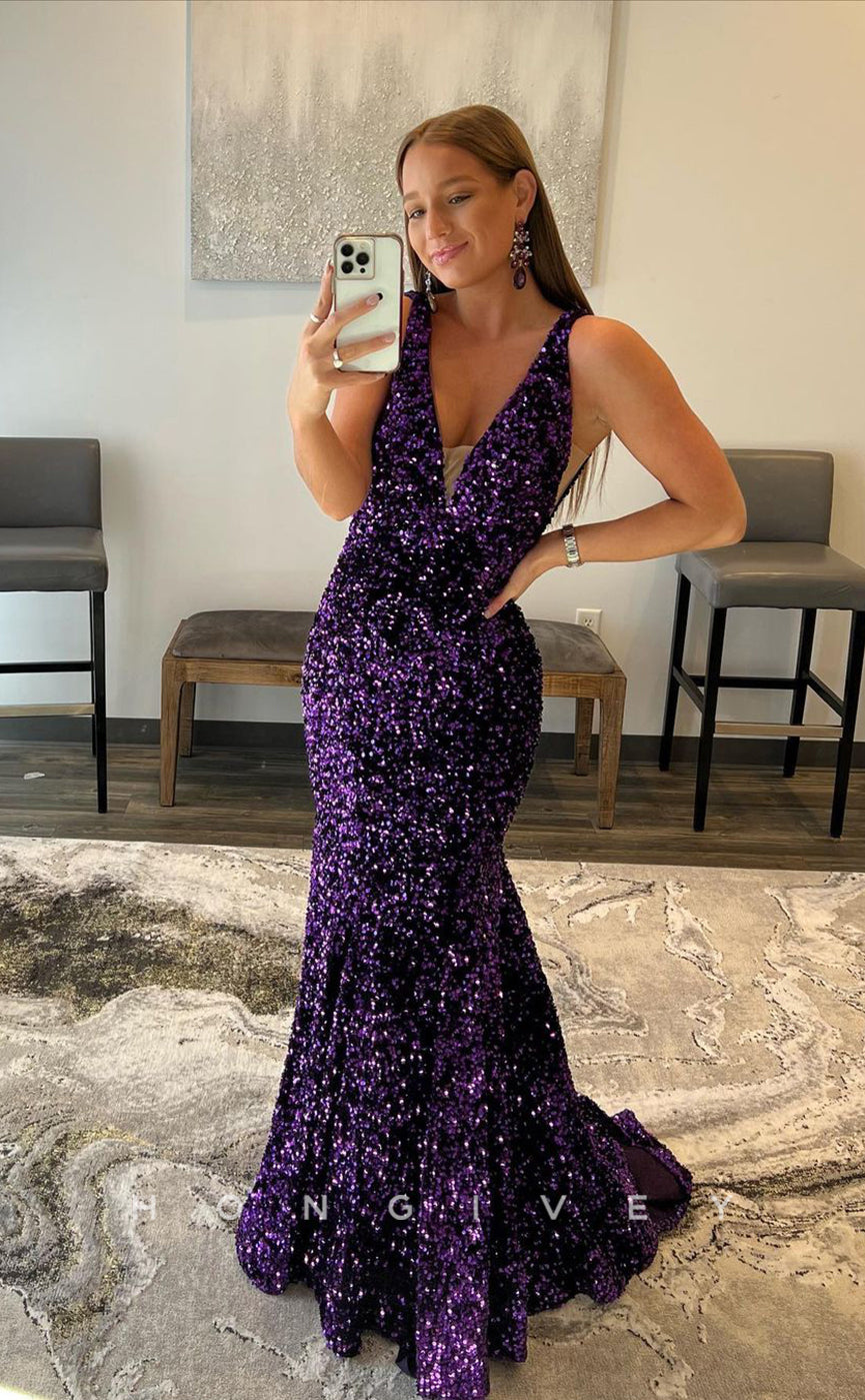 L1185 - Fully Sequined Plunging Illusion With Train Formal Party Prom Evening Dress