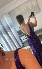 L1185 - Fully Sequined Plunging Illusion With Train Formal Party Prom Evening Dress
