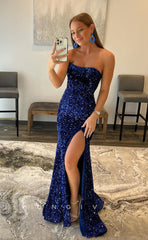 L1186 - Fully Sequined Strapless With Train And Slit Party Prom Evening Formal Dress