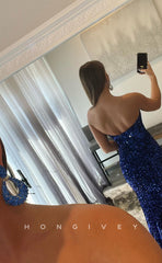 L1186 - Fully Sequined Strapless With Train And Slit Party Prom Evening Formal Dress