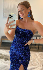 L1186 - Fully Sequined Strapless With Train And Slit Party Prom Evening Formal Dress