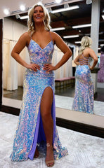 L1187 - Sparkly Fully Sequined Lace-Up Back With Train And Slit Evening Formal Party Prom Dress